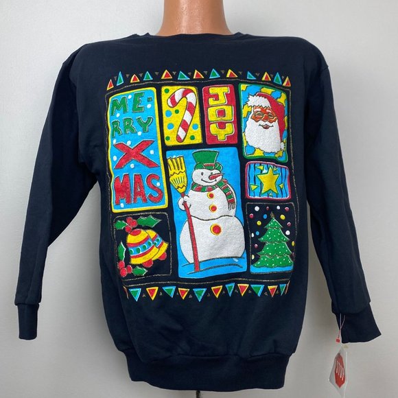 One Stop Other - Vintage 1990s Merry X-Mas Sweatshirt, One Stop Size Medium, Puff Paint, Glitter